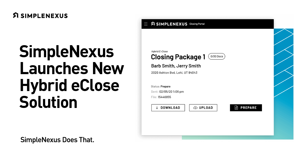 Branded graphic reading "Simple Nexus Launches New Hybrid eClose Solution" with a screen shot of the closing portal.
